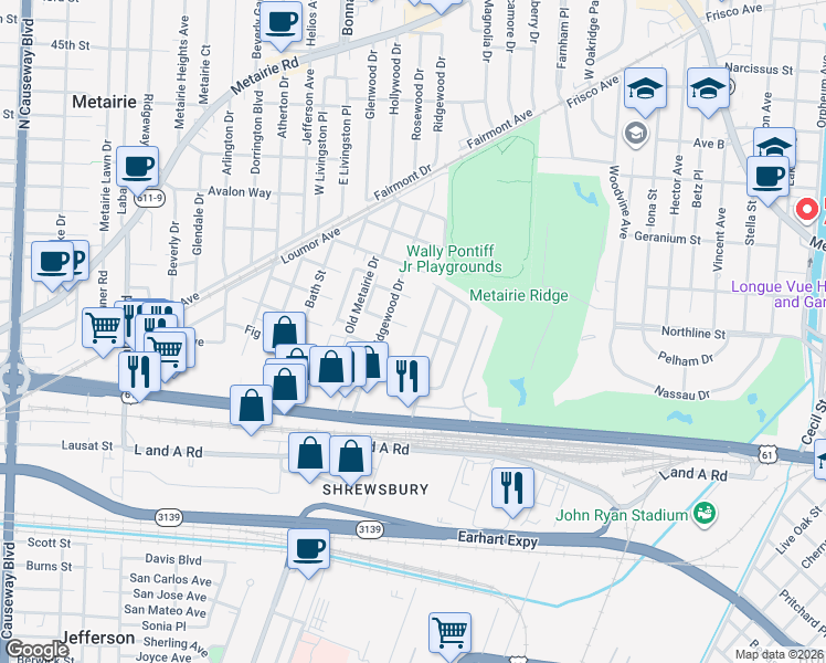 map of restaurants, bars, coffee shops, grocery stores, and more near 217 West Maple Ridge Drive in Metairie