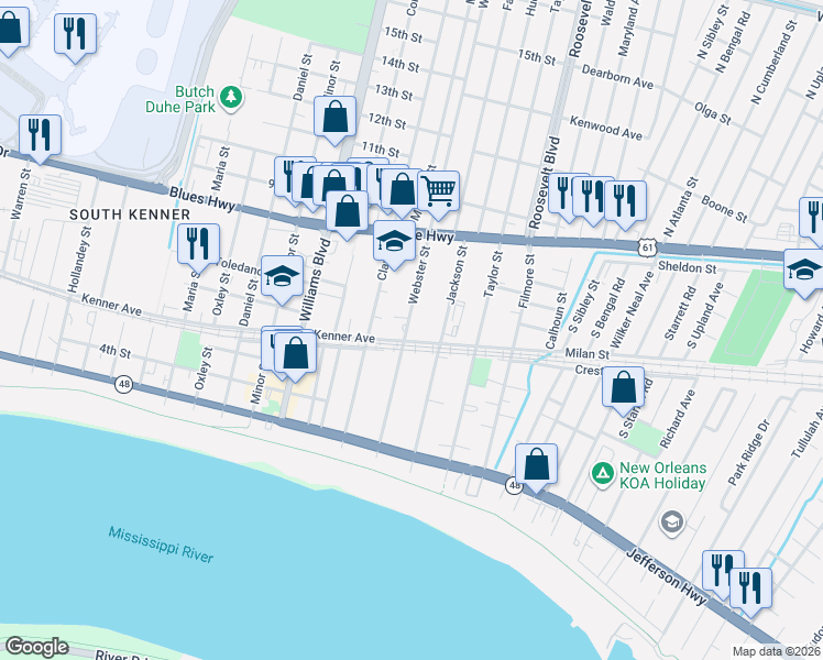 map of restaurants, bars, coffee shops, grocery stores, and more near 2304 Kenner Avenue in Kenner