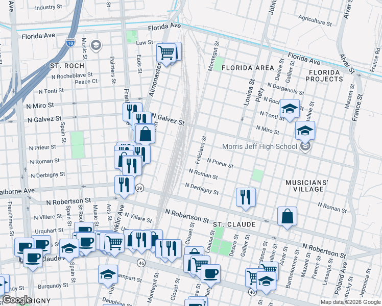map of restaurants, bars, coffee shops, grocery stores, and more near 1839 Montegut Street in New Orleans