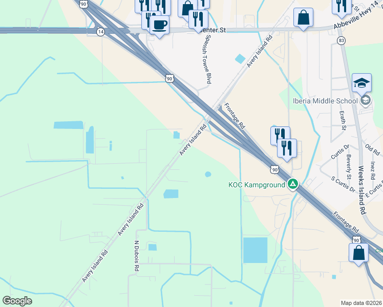 map of restaurants, bars, coffee shops, grocery stores, and more near 2769 Avery Island Road in New Iberia