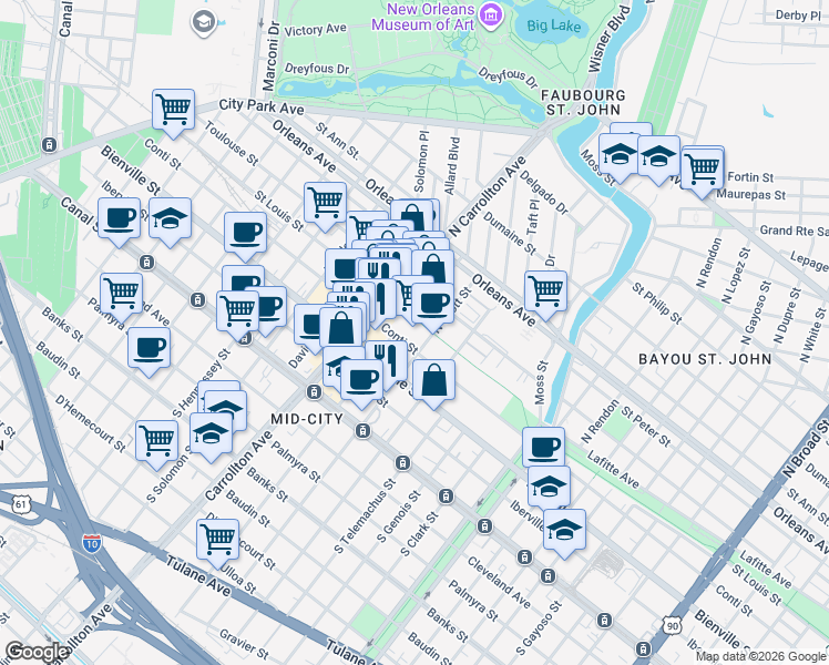 map of restaurants, bars, coffee shops, grocery stores, and more near 400 North Carrollton Avenue in New Orleans