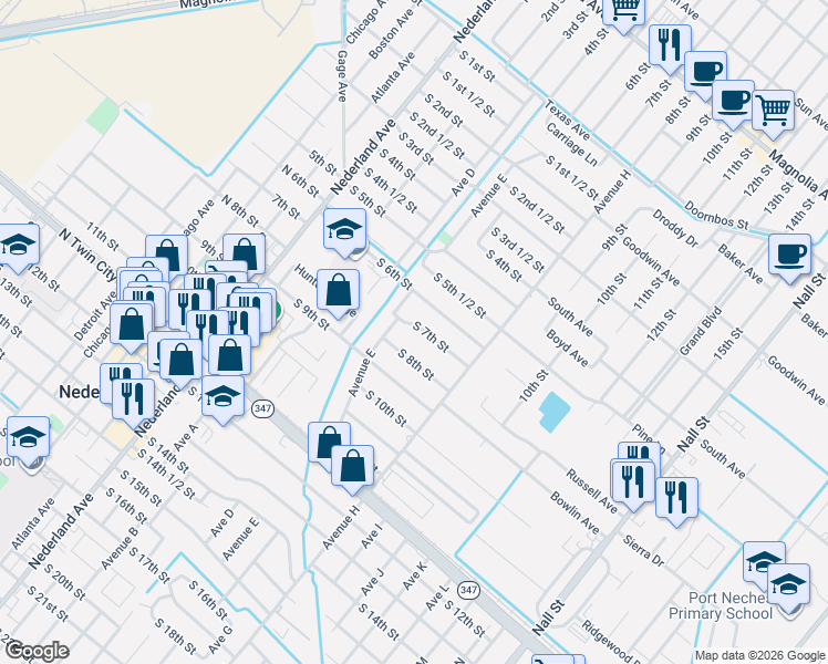map of restaurants, bars, coffee shops, grocery stores, and more near 704 South 7th Street in Nederland