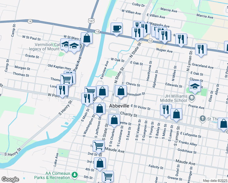 map of restaurants, bars, coffee shops, grocery stores, and more near 105 East Vermilion Street in Abbeville