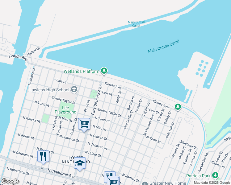 map of restaurants, bars, coffee shops, grocery stores, and more near 2542 Charbonnet Street in New Orleans