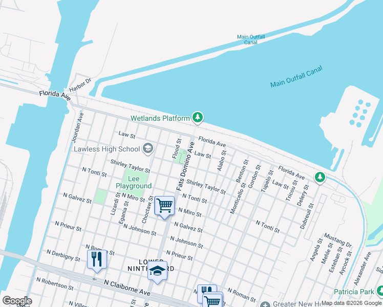 map of restaurants, bars, coffee shops, grocery stores, and more near 49926 Caffin Avenue in New Orleans