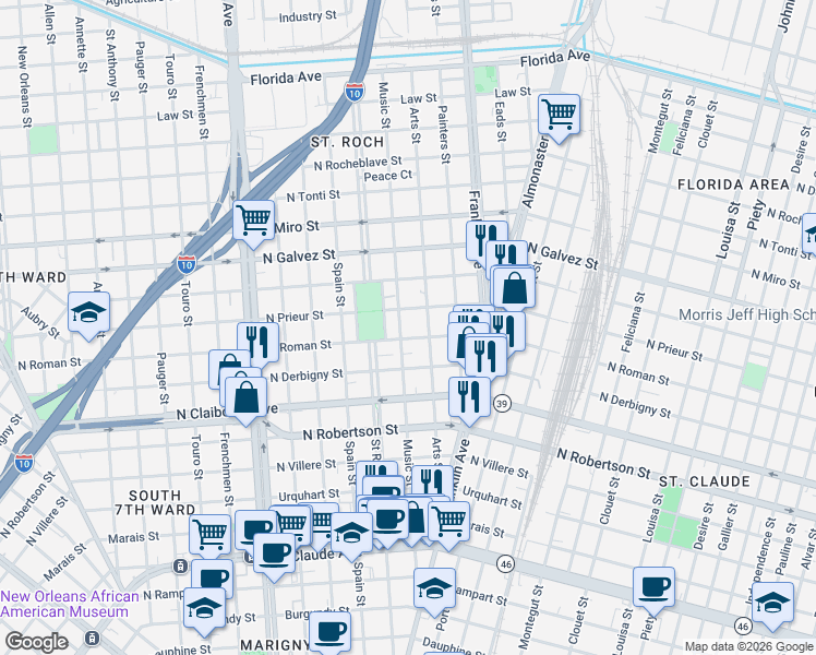 map of restaurants, bars, coffee shops, grocery stores, and more near 2459 North Roman Street in New Orleans