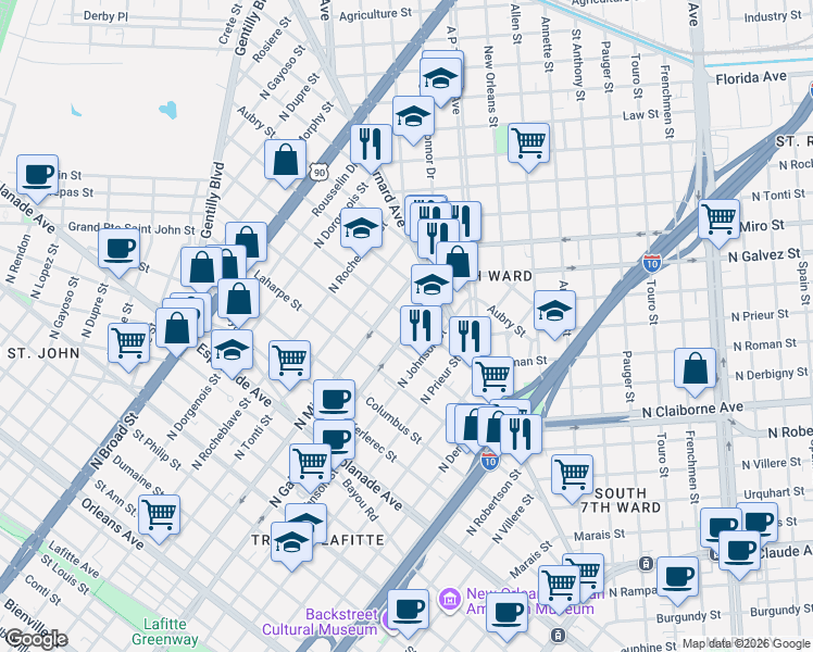 map of restaurants, bars, coffee shops, grocery stores, and more near 2012 Onzaga Street in New Orleans