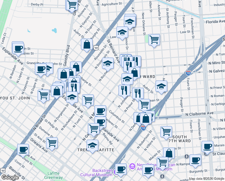 map of restaurants, bars, coffee shops, grocery stores, and more near 2117 Lapeyrouse Street in New Orleans