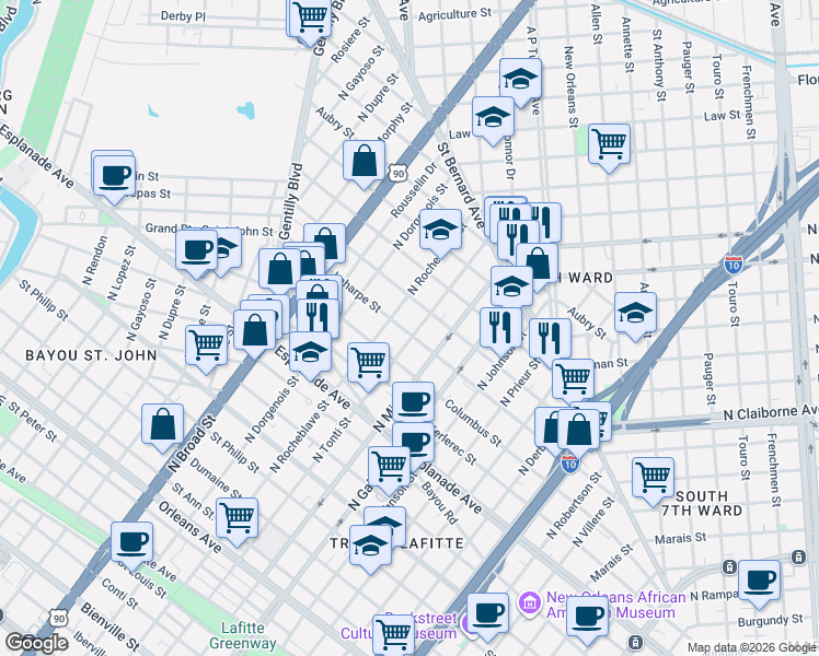 map of restaurants, bars, coffee shops, grocery stores, and more near 2221 Laharpe Street in New Orleans
