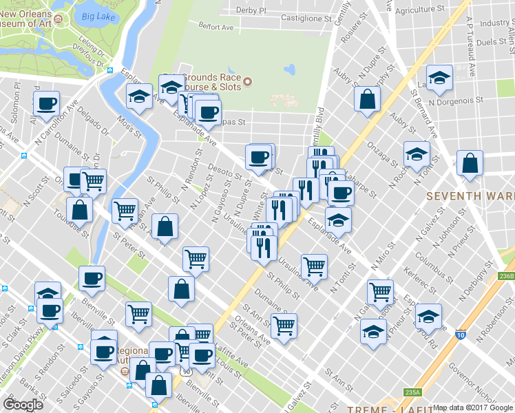 map of restaurants, bars, coffee shops, grocery stores, and more near 1120 North White Street in New Orleans