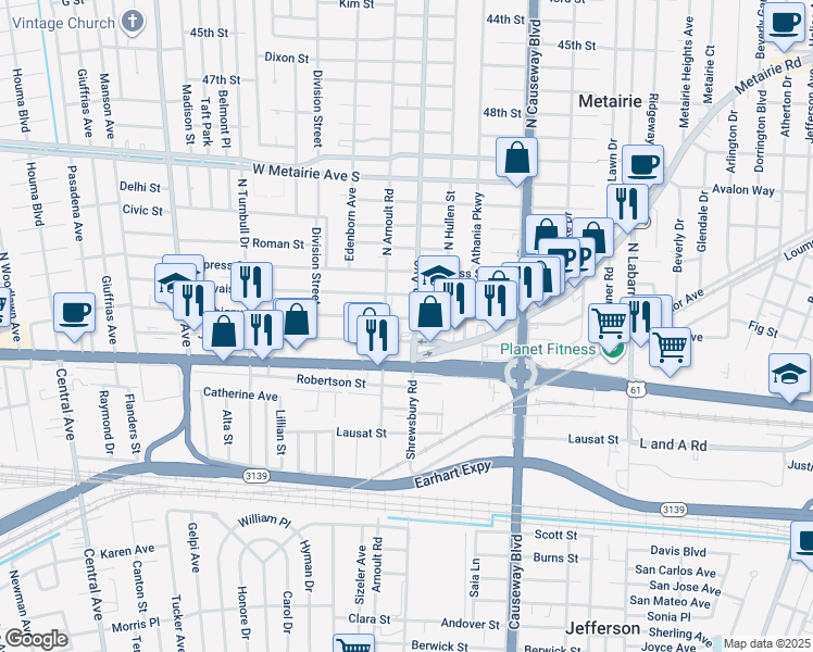 map of restaurants, bars, coffee shops, grocery stores, and more near 3437 Johnson Street in Metairie