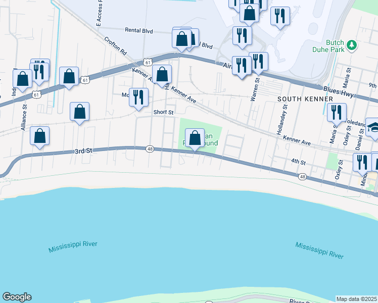 map of restaurants, bars, coffee shops, grocery stores, and more near 781-819 Reverend Richard Wilson Drive in Kenner