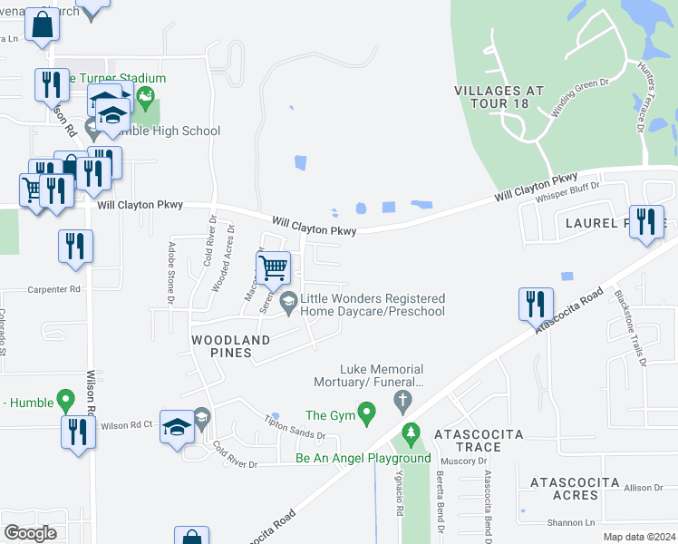 map of restaurants, bars, coffee shops, grocery stores, and more near 1826 Sun Point Court in Humble