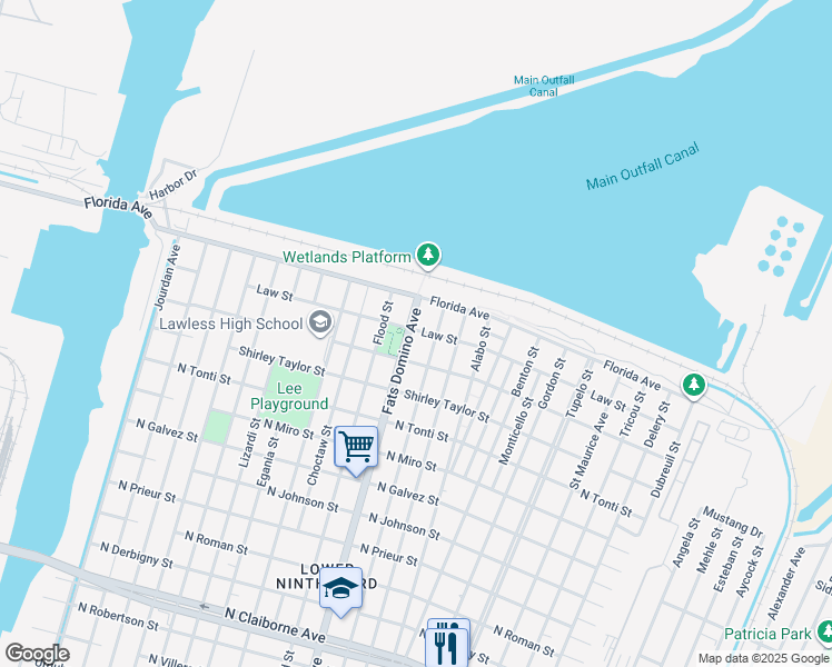 map of restaurants, bars, coffee shops, grocery stores, and more near 49926 Caffin Avenue in New Orleans