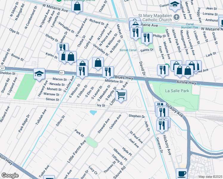 map of restaurants, bars, coffee shops, grocery stores, and more near 1356 South Myrtle Street in Metairie