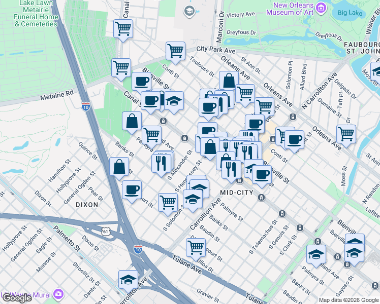map of restaurants, bars, coffee shops, grocery stores, and more near 141 South Alexander Street in New Orleans