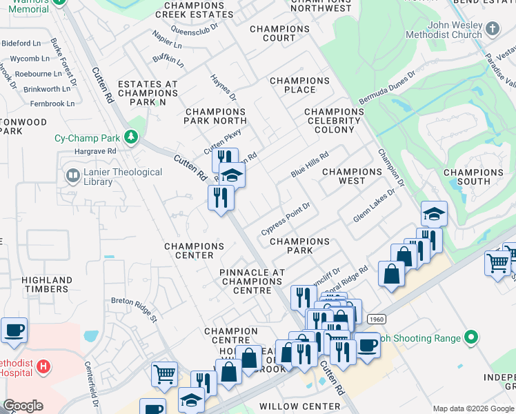 map of restaurants, bars, coffee shops, grocery stores, and more near 13610 Jessica Lane in Houston