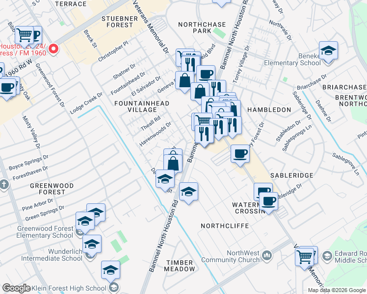 map of restaurants, bars, coffee shops, grocery stores, and more near 4731 Sabrina Drive in Houston