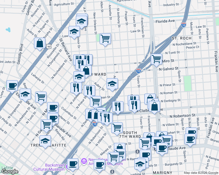map of restaurants, bars, coffee shops, grocery stores, and more near 1800 North Prieur Street in New Orleans