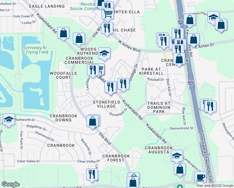 map of restaurants, bars, coffee shops, grocery stores, and more near in Houston