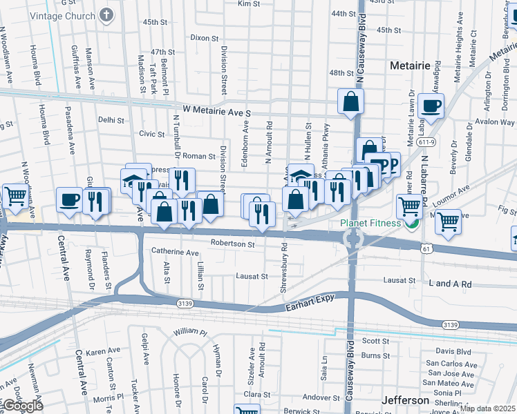map of restaurants, bars, coffee shops, grocery stores, and more near 3605 Johnson Street in Metairie