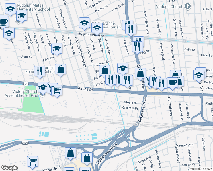 map of restaurants, bars, coffee shops, grocery stores, and more near 4921 U.S. 61 in Metairie
