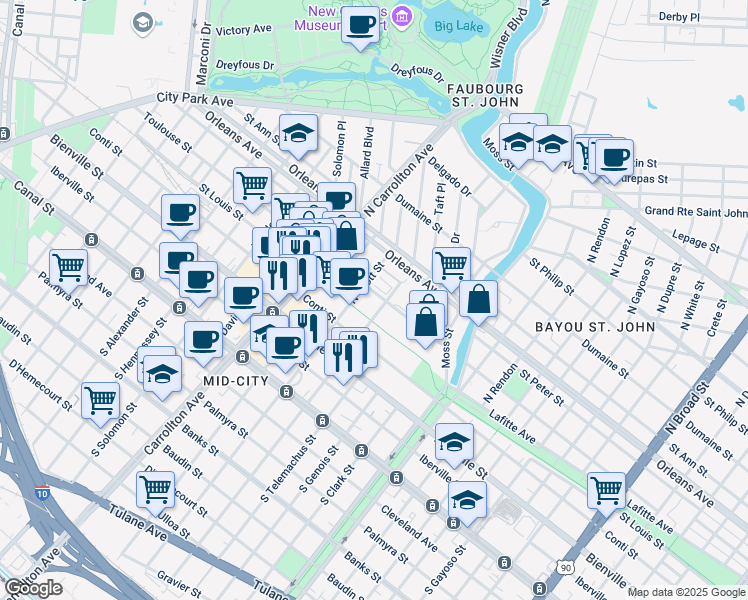 map of restaurants, bars, coffee shops, grocery stores, and more near 500 North Cortez Street in New Orleans