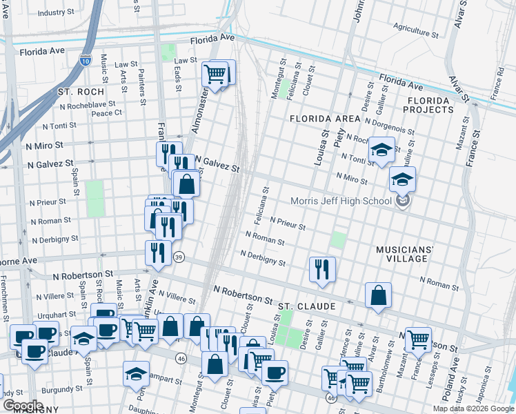 map of restaurants, bars, coffee shops, grocery stores, and more near 1900 Clouet Street in New Orleans