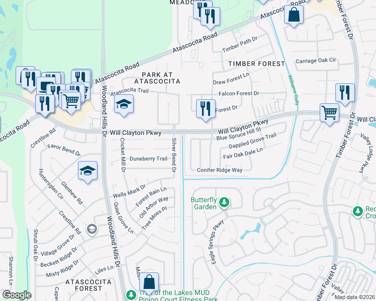 map of restaurants, bars, coffee shops, grocery stores, and more near 17907 Juniper Green Trail in Humble