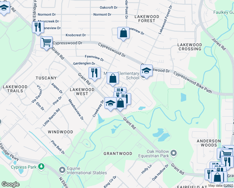 map of restaurants, bars, coffee shops, grocery stores, and more near 11800 Grant Road in Cypress