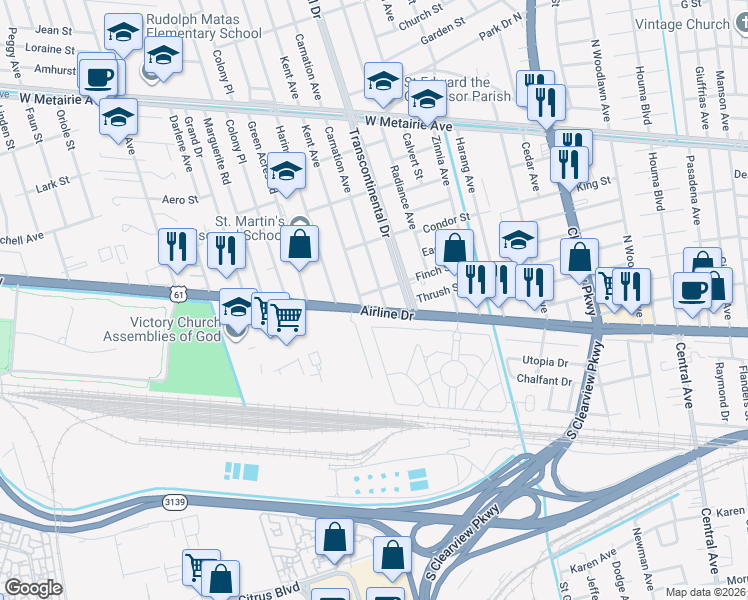 map of restaurants, bars, coffee shops, grocery stores, and more near 5105 Airline Drive in Metairie
