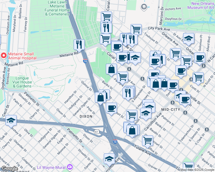 map of restaurants, bars, coffee shops, grocery stores, and more near 4732 Banks Street in New Orleans