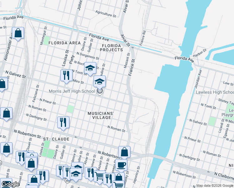 map of restaurants, bars, coffee shops, grocery stores, and more near 2112 Mazant Street in New Orleans