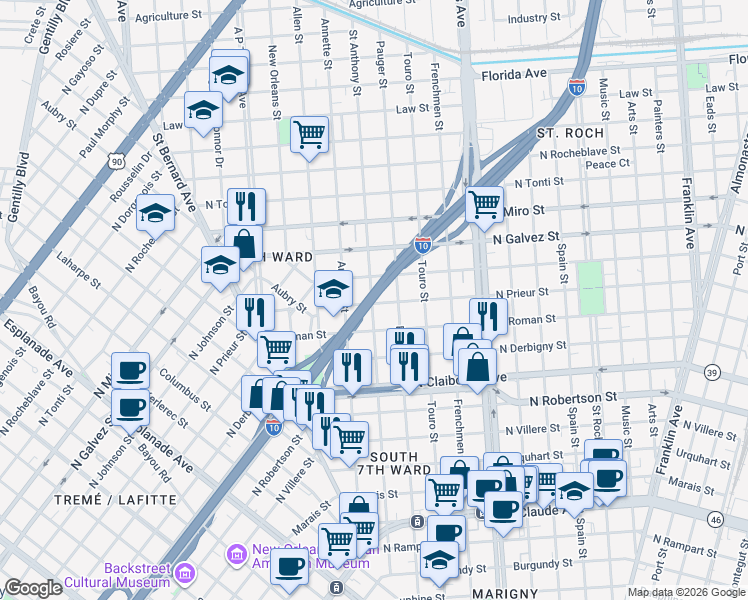 map of restaurants, bars, coffee shops, grocery stores, and more near 1962 North Prieur Street in New Orleans