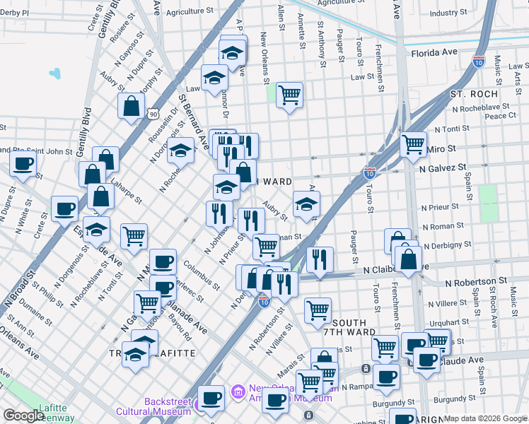 map of restaurants, bars, coffee shops, grocery stores, and more near 3124 A P Tureaud Avenue in New Orleans