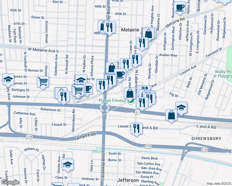 map of restaurants, bars, coffee shops, grocery stores, and more near 2933 Johnson Street in Metairie