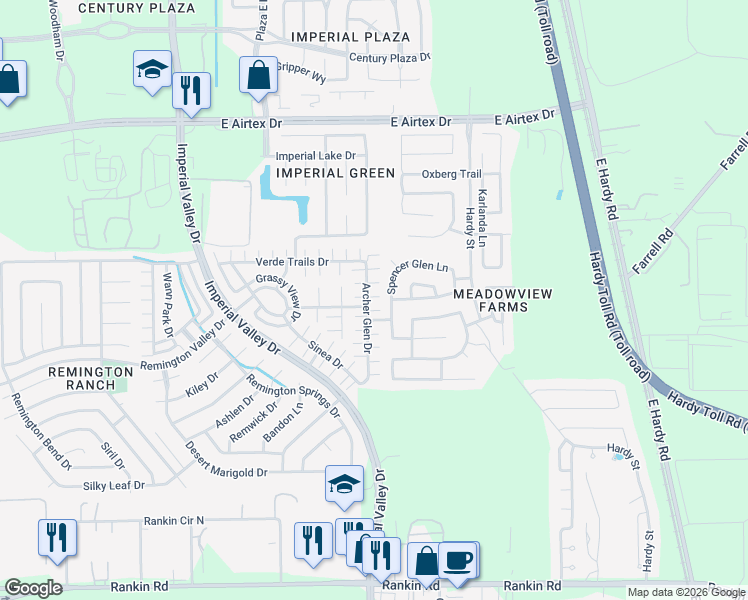 map of restaurants, bars, coffee shops, grocery stores, and more near 19507 Kingston Green Lane in Houston