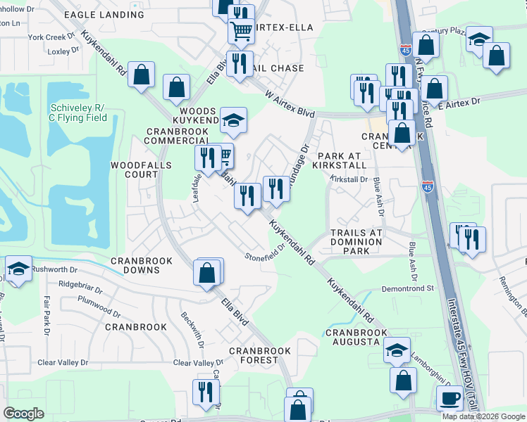 map of restaurants, bars, coffee shops, grocery stores, and more near in Houston