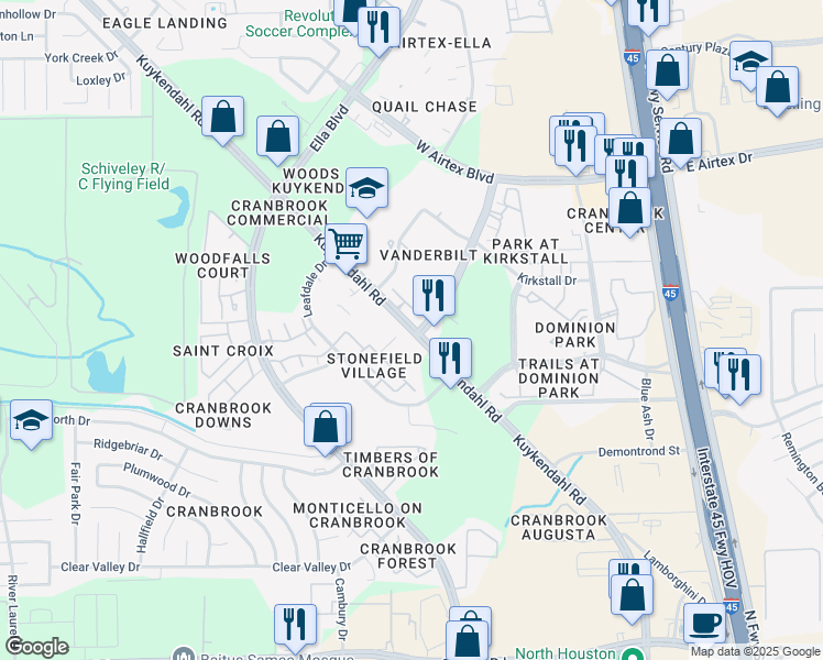 map of restaurants, bars, coffee shops, grocery stores, and more near in Houston