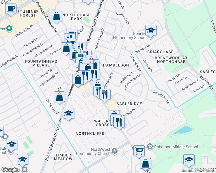 map of restaurants, bars, coffee shops, grocery stores, and more near 4215 Sable Pines Lane in Houston