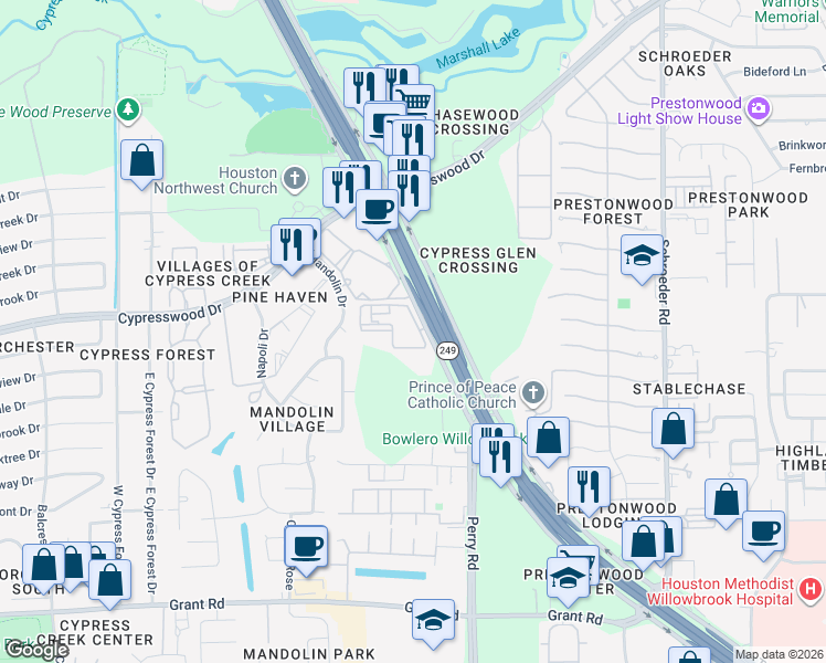 map of restaurants, bars, coffee shops, grocery stores, and more near 19401 Tomball Parkway in Houston