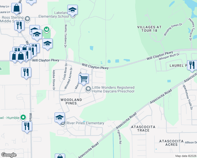 map of restaurants, bars, coffee shops, grocery stores, and more near 9739 Fleming Springs Drive in Humble