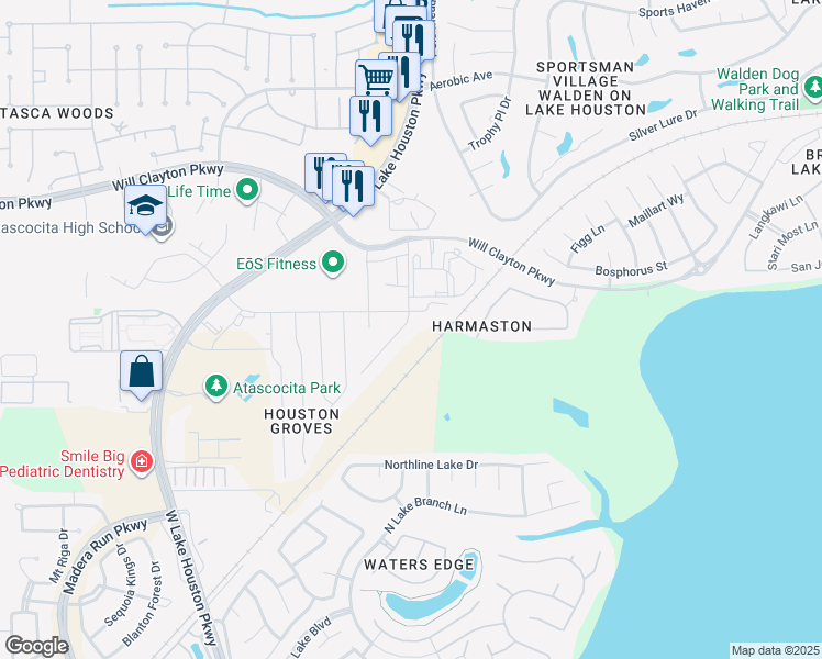 map of restaurants, bars, coffee shops, grocery stores, and more near 17626 Holroyd Road in Atascocita