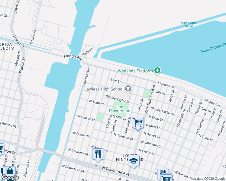 map of restaurants, bars, coffee shops, grocery stores, and more near 2415 Forstall Street in New Orleans