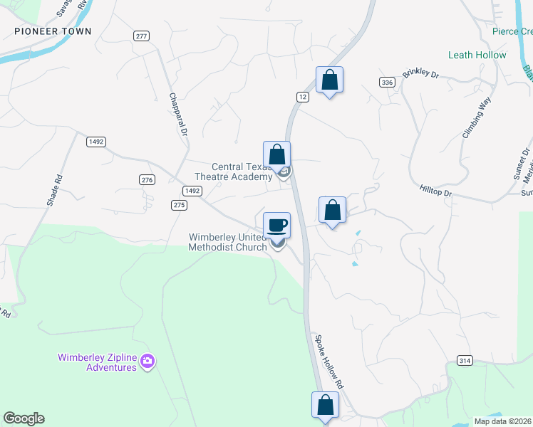 map of restaurants, bars, coffee shops, grocery stores, and more near 1155 County Road 1492 in Wimberley