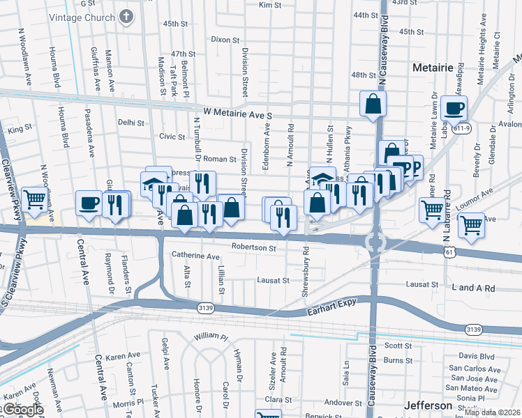 map of restaurants, bars, coffee shops, grocery stores, and more near 3629 Johnson Street in Metairie