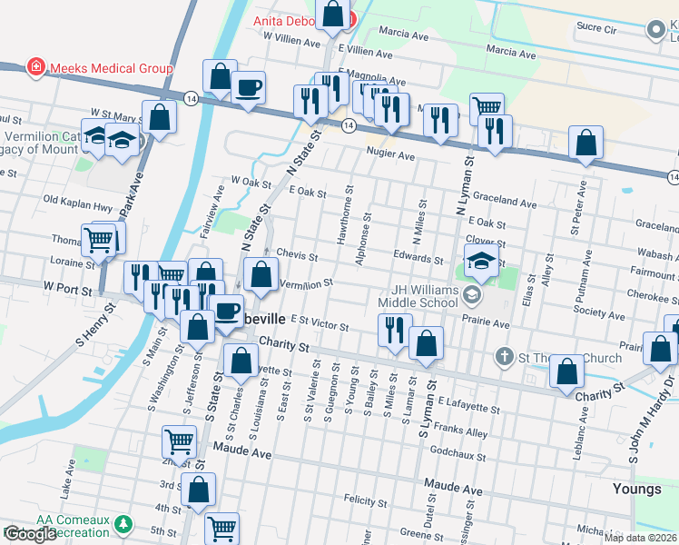 map of restaurants, bars, coffee shops, grocery stores, and more near 500-698 East Vermilion Street in Abbeville
