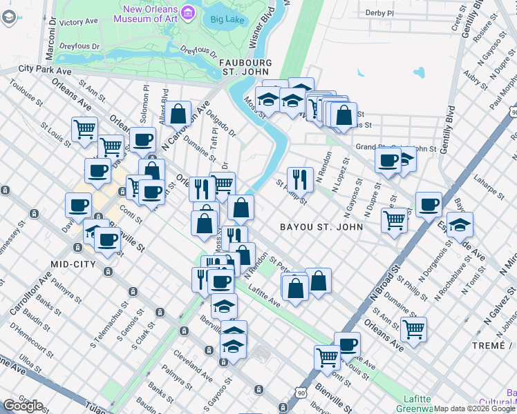 map of restaurants, bars, coffee shops, grocery stores, and more near 818 Moss Street in New Orleans