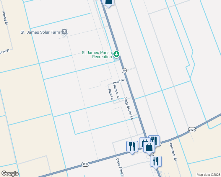 map of restaurants, bars, coffee shops, grocery stores, and more near 21262 Park Lane in Vacherie