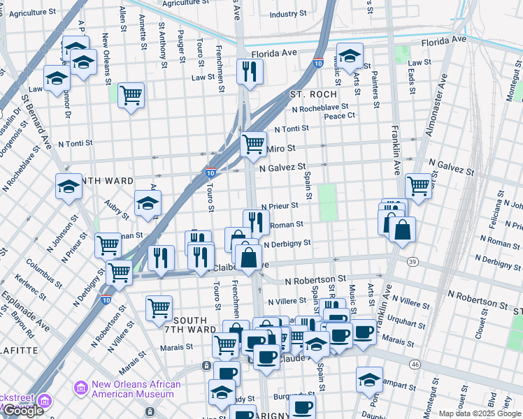 map of restaurants, bars, coffee shops, grocery stores, and more near 1809 Elysian Fields Avenue in New Orleans